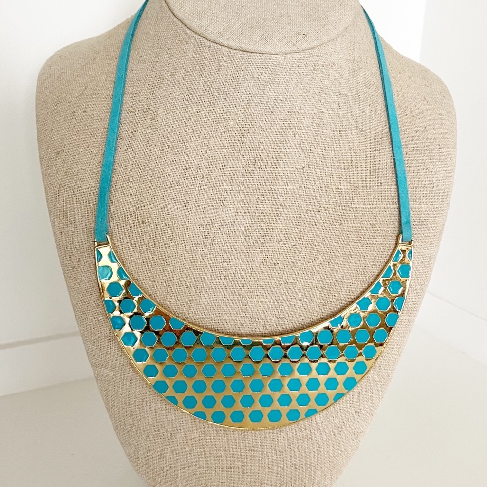 Carolee Teal Gold Statement Bib Necklace Geometric Honeycomb Suede Collar NWT